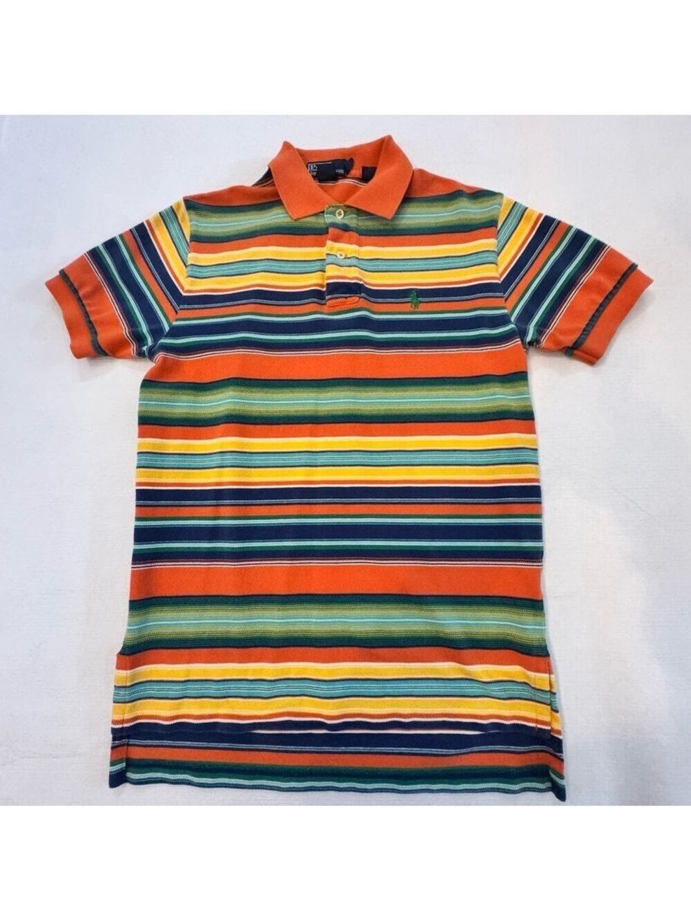 Ralph Lauren Orange and Green Polo Shirt Vibrant Stripes, Vintage 90’ Small